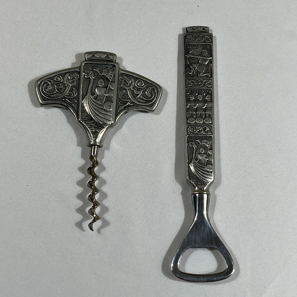 Vintage Tinn Pewter Norway Viking Corkscrew Bottle Opener Set Heilag Olav
